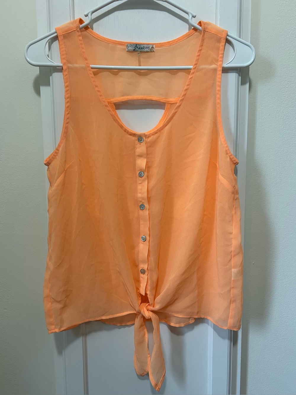 Freebird Peach/Melon Semi-Sheer Tie-Front Sleeveless Blouse (Size M)